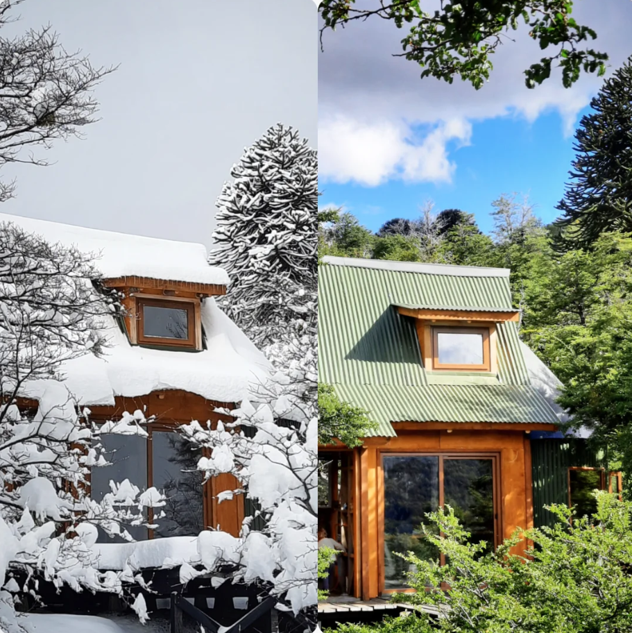 Cabaña en invierno y verano